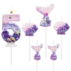 6Pcs Birthday Candles 2.5 inch Mermaid Theme Birthday Cake Candles 1Pcs Number 5 Candle 3Pcs Mermaid Tail Candles 2Pcs Shell Candles for Mermaid Party Birthday Cake Topper Decor