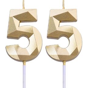 2 inch Gold 55 Birthday Candles, 3D Diamond Number 55 Cake Topper for Men Women Birthday Party Decorations Theme Party