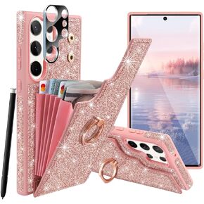for Galaxy S23 Case Wallet,with [Screen Protector+Camera Lens Protector][360°Rotation Ring Holder & 5 Card Holder] Sparkle Glitter PU Leather Flip Phone Cover for Samsung Galaxy S23,Rose Gold
