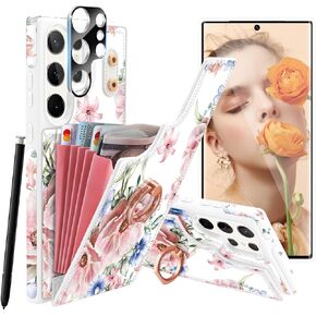 for Galaxy S23 Case Wallet,with [Screen Protector+Camera Lens Protector][360°Rotation Ring Holder & 5 Card Holder] Sparkle Glitter PU Leather Flip Phone Cover for Samsung Galaxy S23,Rose Gold in Kuwait