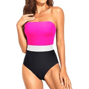 Holipick Strapless Bandeau One Piece Swimsuits Color Block for Women Full Coverage Bathing Suits Halter Swimwear