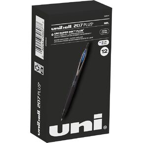 uniball 207 Plus+ Retractable Rollerball Gel Pens 12 Pack in Blue with 0.5mm Micro Point Pen Tips - Uni-Super Ink+ is Smooth, Vibrant, and Protects Against Water, Fading, and Fraud
