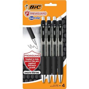 BIC PrevaGuard Gel-ocity Gel Pen With Built-in Protection To Suppress Bacteria Growth On The Pen, Medium Point (0.7mm), Black, 4-Pack