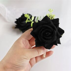 White Pink Wine Red Rose Wrist Corsage Boutonnieres for Best Bridesmaid Groomsmen Wedding Men Women Boy Girl Prom Party Suit Decoration (Black Boutonniere)