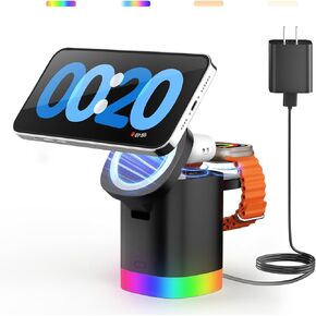 JoyGeek 3-in-1 Charger Stand for Magsafe: Foldable Wireless Charging Station with 4 RGB Night Lights - Magnetic Charger Dock for iPhone 15/14/13/12 Pro/Max/Plus, AirPods, Apple Watch 2-9/Ultra