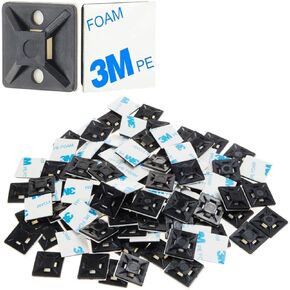 100 PCS 3/4" Black Self Adhesive Cable Zip Tie Mounts Wire Cable Clips Holders Management Anchors Organizer Holders Squares(HS-101S)