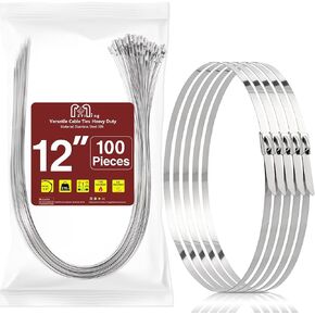 100 Pack Metal Zip Ties 12inch Stainless Steel Cable Ties Heavy Duty Self-locking Wire Ties High Temp Zipties Chain Link fence Ties Multi Purpose Binding