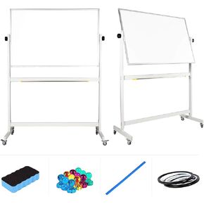 Flybold Rolling Whiteboard with Stand 48x32 Large - Portable White Board on Wheels Double Sided - Wall Mount or Mobile Dry Erase Board with Accessories for Home Office Presentation, Writing, Coaching