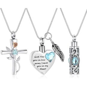 3 Pieces Urn Necklace for Ashes Cylinder Cross Heart Cremation Jewelry for Ashes for Women Men Loved One Keepsake Memorial Mini Urn Holder