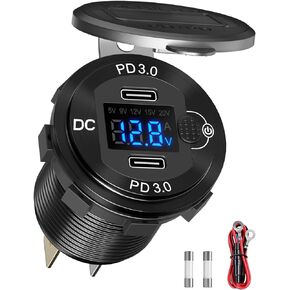 12V USB Outlet Dual Power Delivery 3.0 30W USB C Car Charger Socket: Waterproof Aluminum Marine USB Fast Charger with Button Switch and Voltmeter 12V/24V Boat RV Marine Motorcycle Golf Cart Accessory