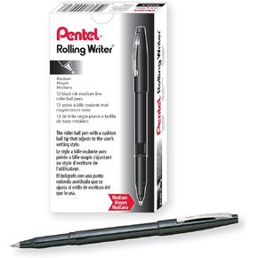 Pentel Rolling Writer Pen, 0.8 Millimeter Cushion Ball Tip, Black Ink, 12 pens (R100-A)