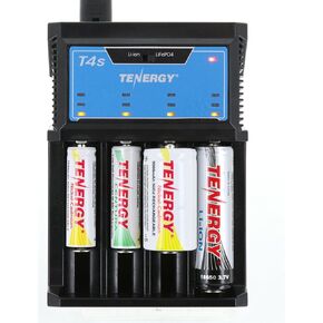 Tenergy T4s Intelligent Universal Charger, 4-Slot Battery Charger for Li-ion, LiFePO4, NiMH and NiCd Rechargeable Batteries,18650, 14500, 26650, AA AAA C Cell Battery Charger with Car Adapter