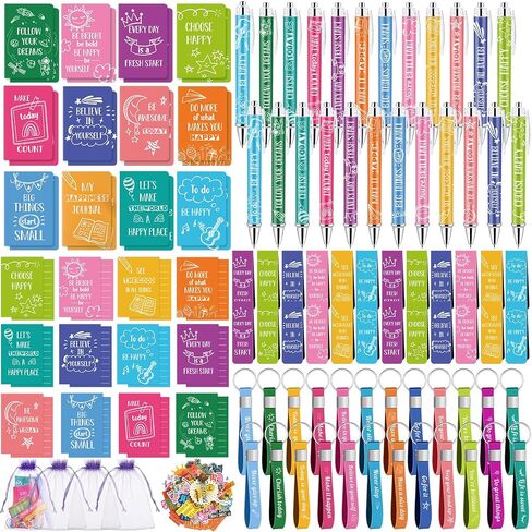 Pasimy 194 Pcs Inspirational Gifts Set Party Favor Motivational Mini Notepad Pen Positive Magnetic Bookmark Card Keychains Stickers Organza Bags for School Office Stationery Appreciation (Classic) in Saudi Arabia