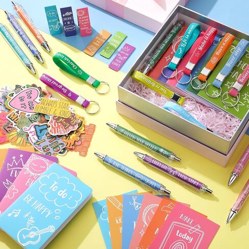 Pasimy 194 Pcs Inspirational Gifts Set Party Favor Motivational Mini Notepad Pen Positive Magnetic Bookmark Card Keychains Stickers Organza Bags for School Office Stationery Appreciation (Classic) in Saudi Arabia