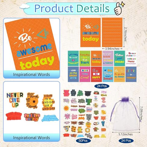 Pasimy 194 Pcs Inspirational Gifts Set Party Favor Motivational Mini Notepad Pen Positive Magnetic Bookmark Card Keychains Stickers Organza Bags for School Office Stationery Appreciation (Classic) in Saudi Arabia