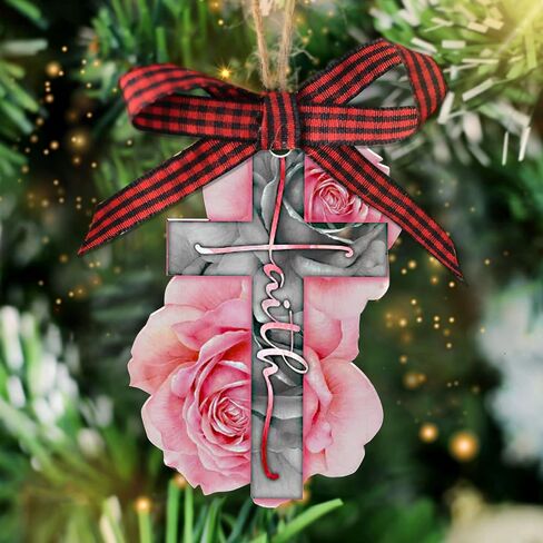 Talataca Pink Cross Rose Rosy God Faith Christian Jesus 2D Flat Christmas Tree Wood Ornament Decor Wooden Hanging Decoration House Present Xmas Eve Keepsake Decorative in Saudi Arabia