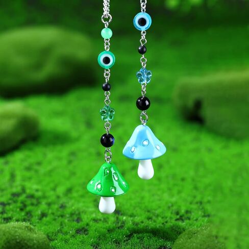 2 Pcs Mushroom Car Hanging Ornament Evil Eye Rear View Mirror Accessories Lucky Rearview Mirror Charms Resin Mushroom Pendant Cute Rear View Mirror Decoration for Vehicle Home Door(Blue, Green) in Saudi Arabia