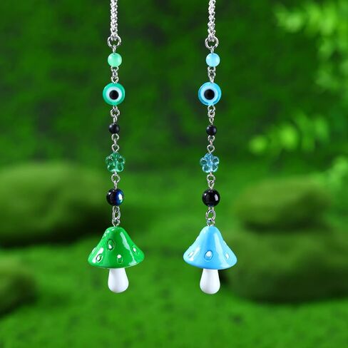 2 Pcs Mushroom Car Hanging Ornament Evil Eye Rear View Mirror Accessories Lucky Rearview Mirror Charms Resin Mushroom Pendant Cute Rear View Mirror Decoration for Vehicle Home Door(Blue, Green) in Saudi Arabia