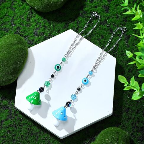 2 Pcs Mushroom Car Hanging Ornament Evil Eye Rear View Mirror Accessories Lucky Rearview Mirror Charms Resin Mushroom Pendant Cute Rear View Mirror Decoration for Vehicle Home Door(Blue, Green) in Saudi Arabia