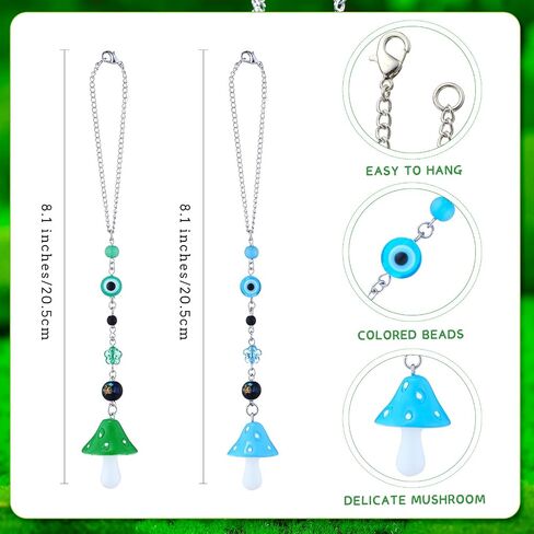 2 Pcs Mushroom Car Hanging Ornament Evil Eye Rear View Mirror Accessories Lucky Rearview Mirror Charms Resin Mushroom Pendant Cute Rear View Mirror Decoration for Vehicle Home Door(Blue, Green) in Saudi Arabia
