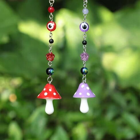 2 Pcs Mushroom Car Hanging Ornament Evil Eye Rear View Mirror Accessories Lucky Rearview Mirror Charms Resin Mushroom Pendant Cute Rear View Mirror Decoration for Vehicle Home Door(Blue, Green) in Saudi Arabia