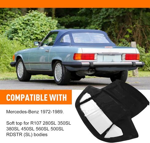 قماش قماش أسود ناعم قابل للتحويل يناسب مرسيدس بنز 1972-1989، أعلى الطاقة لـ 280SL 350SL 380SL 450SL 560SL 500SL، استبدل MBZ1076845، مع نافذة زجاجية ساخنة in Saudi Arabia