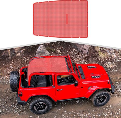 Sunshade Full-Length Mesh Sun Shade Bikini Top Compatible with 2018-2022 Jeep Wrangler JL 2-Door Rubicon Sport Sport S Willys, Shade Cuts The Sunlight and Down on Wind(Red short style) in Saudi Arabia