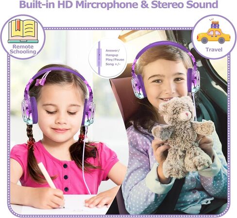 سماعات أذن QearFun للفتيات والأطفال للمدرسة، سماعات رأس سلكية للأطفال مع ميكروفون ومقبس 3.5 مم، سماعة رأس للمراهقين بخاصية إلغاء الضوضاء مع عصابة رأس قابلة للتعديل للكمبيوتر اللوحي/الهواتف الذكية - متدرج أرجواني عميق in Saudi Arabia