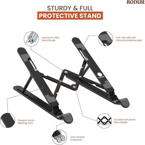 Adjustable Laptop Stand for 10-17 Inch Devices - Ergonomic Portable Notebook Holder with Cooling Pad Base, Ideal for MacBook, Gaming, Students, Computer Riser Tablet and PC Accessories in Saudi Arabia