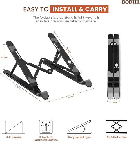 Adjustable Laptop Stand for 10-17 Inch Devices - Ergonomic Portable Notebook Holder with Cooling Pad Base, Ideal for MacBook, Gaming, Students, Computer Riser Tablet and PC Accessories in Saudi Arabia