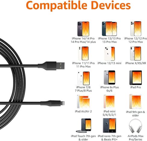 Amazon Basics Apple MFi Certified USB-A to Lightning Charger Cable for iPhone iPad, Heavy-Duty Fast-Charge, 10ft, Black in Kuwait