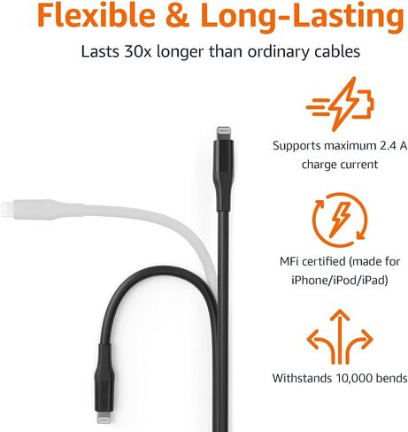 Amazon Basics Apple MFi Certified USB-A to Lightning Charger Cable for iPhone iPad, Heavy-Duty Fast-Charge, 10ft, Black in Kuwait
