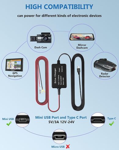 مجموعة أسلاك صلبة لكاميرا داش كام، مجموعة أسلاك صلبة USB صغيرة ونوع C، سلك طاقة لشاحن كاميرا لوحة القيادة 12 فولت - 24 فولت إلى 5 فولت مع صنبور الصمامات وأداة التثبيت لكاميرا لوحة القيادة للسيارة، ونظام تحديد المواقع العالمي، والرادار، وكاميرا لوحة القياد in Saudi Arabia