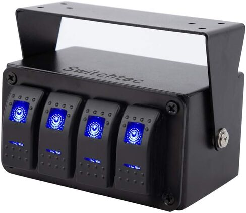 Switchtec 4 Gang Rocker Toggle Switch، 5 Pin 12V، 20 أمبير لوحة ألومنيوم بإضاءة خلفية زرقاء، سلكي مسبقًا الكل في حاوية صندوق التثبيت السطحي. القوارب البحرية، مركبات الشاحنات، أضواء السيارات، المركبات الترفيهية (4 أزرق) in Kuwait