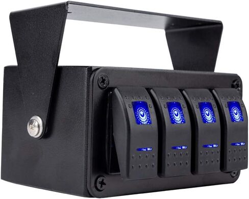 Switchtec 4 Gang Rocker Toggle Switch، 5 Pin 12V، 20 أمبير لوحة ألومنيوم بإضاءة خلفية زرقاء، سلكي مسبقًا الكل في حاوية صندوق التثبيت السطحي. القوارب البحرية، مركبات الشاحنات، أضواء السيارات، المركبات الترفيهية (4 أزرق) in Kuwait
