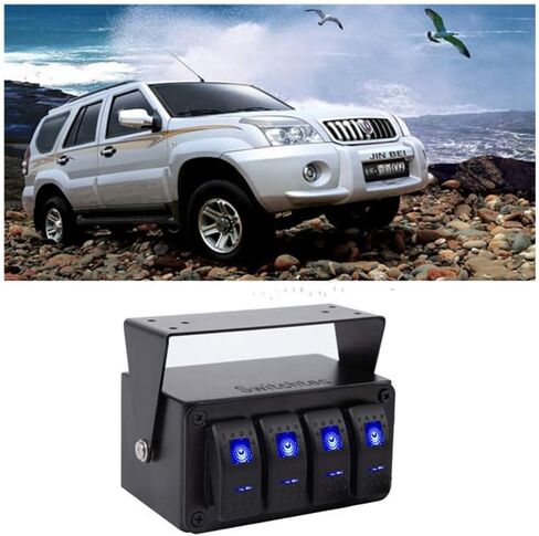 Switchtec 4 Gang Rocker Toggle Switch، 5 Pin 12V، 20 أمبير لوحة ألومنيوم بإضاءة خلفية زرقاء، سلكي مسبقًا الكل في حاوية صندوق التثبيت السطحي. القوارب البحرية، مركبات الشاحنات، أضواء السيارات، المركبات الترفيهية (4 أزرق) in Kuwait