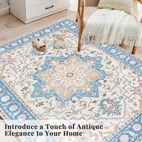 ROCYJULIN 5x7 Area Rugs for Living Room, Washable Rugs 5x7 for Bedroom, Boho Medium-Pile Area Rugs Carpet with Non Slip Rubber Backing, Super Soft 1000GSM 5x7 Rug, Non-Shedding, Orange & Blue in Kuwait
