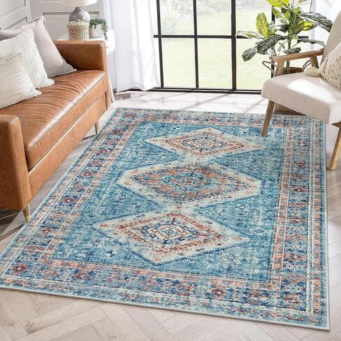 سجادة منطقة قابلة للغسل من Wonnitar مقاس 5 × 7، سجاد عتيق غير قابل للانزلاق لغرفة المعيشة، سجادة غرفة نوم شرقية متعثرة، سجادة أرضية بوهو ناعمة مطبوعة قبلية منخفضة لغرفة الطعام وغرفة النوم والمكتب، أزرق/وردي in Kuwait