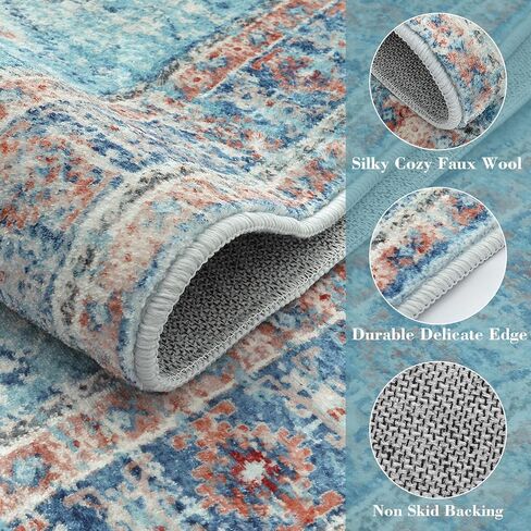 سجادة منطقة قابلة للغسل من Wonnitar مقاس 5 × 7، سجاد عتيق غير قابل للانزلاق لغرفة المعيشة، سجادة غرفة نوم شرقية متعثرة، سجادة أرضية بوهو ناعمة مطبوعة قبلية منخفضة لغرفة الطعام وغرفة النوم والمكتب، أزرق/وردي in Kuwait