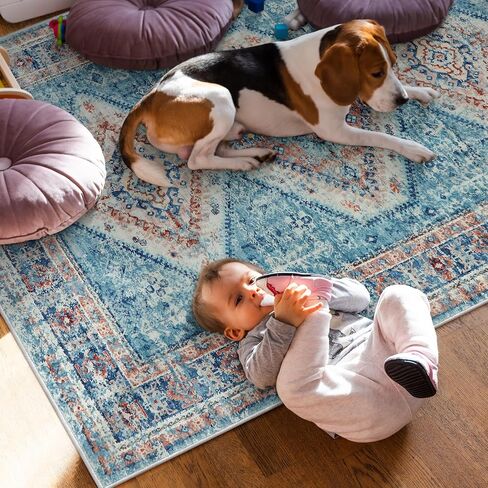 سجادة منطقة قابلة للغسل من Wonnitar مقاس 5 × 7، سجاد عتيق غير قابل للانزلاق لغرفة المعيشة، سجادة غرفة نوم شرقية متعثرة، سجادة أرضية بوهو ناعمة مطبوعة قبلية منخفضة لغرفة الطعام وغرفة النوم والمكتب، أزرق/وردي in Kuwait