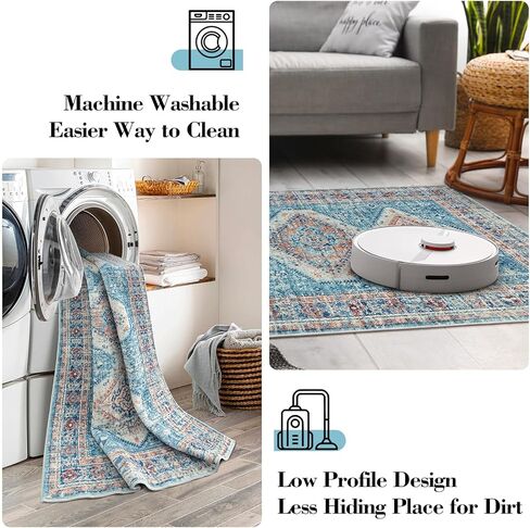 سجادة منطقة قابلة للغسل من Wonnitar مقاس 5 × 7، سجاد عتيق غير قابل للانزلاق لغرفة المعيشة، سجادة غرفة نوم شرقية متعثرة، سجادة أرضية بوهو ناعمة مطبوعة قبلية منخفضة لغرفة الطعام وغرفة النوم والمكتب، أزرق/وردي in Kuwait