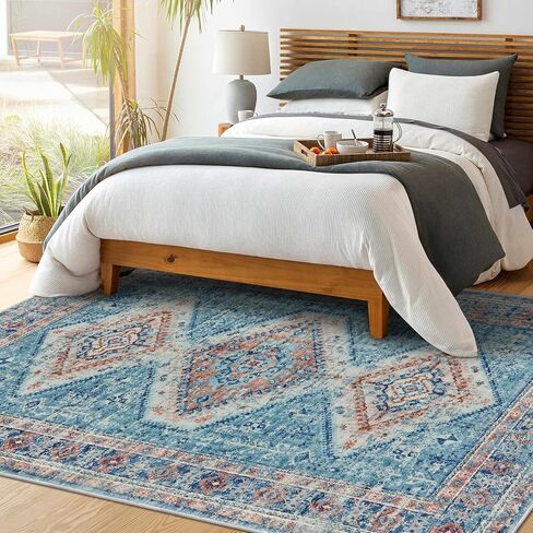 سجادة منطقة قابلة للغسل من Wonnitar مقاس 5 × 7، سجاد عتيق غير قابل للانزلاق لغرفة المعيشة، سجادة غرفة نوم شرقية متعثرة، سجادة أرضية بوهو ناعمة مطبوعة قبلية منخفضة لغرفة الطعام وغرفة النوم والمكتب، أزرق/وردي in Kuwait