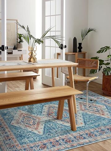 سجادة منطقة قابلة للغسل من Wonnitar مقاس 5 × 7، سجاد عتيق غير قابل للانزلاق لغرفة المعيشة، سجادة غرفة نوم شرقية متعثرة، سجادة أرضية بوهو ناعمة مطبوعة قبلية منخفضة لغرفة الطعام وغرفة النوم والمكتب، أزرق/وردي in Kuwait