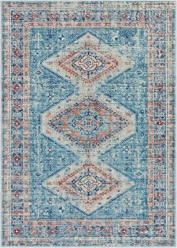 سجادة منطقة قابلة للغسل من Wonnitar مقاس 5 × 7، سجاد عتيق غير قابل للانزلاق لغرفة المعيشة، سجادة غرفة نوم شرقية متعثرة، سجادة أرضية بوهو ناعمة مطبوعة قبلية منخفضة لغرفة الطعام وغرفة النوم والمكتب، أزرق/وردي in Kuwait