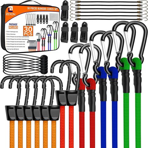 ZEXON Premium Bungee Cords with Carabiner Hooks Heavy Duty (Pack of 24) Include 10", 18", 24", 30", 36", 48", 60" Bungee Cords with Hooks, Storage Bag & Mini Cords in Saudi Arabia