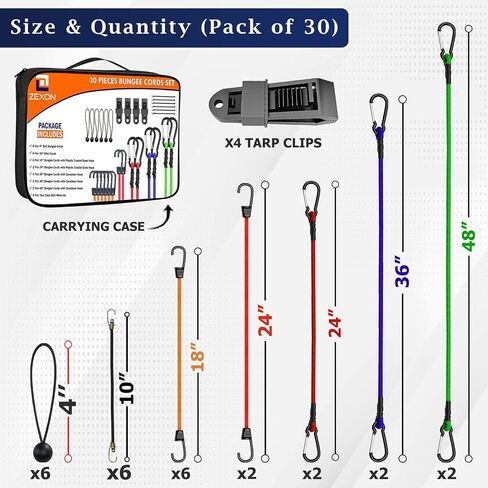 ZEXON Premium Bungee Cords with Carabiner Hooks Heavy Duty (Pack of 24) Include 10", 18", 24", 30", 36", 48", 60" Bungee Cords with Hooks, Storage Bag & Mini Cords in Saudi Arabia