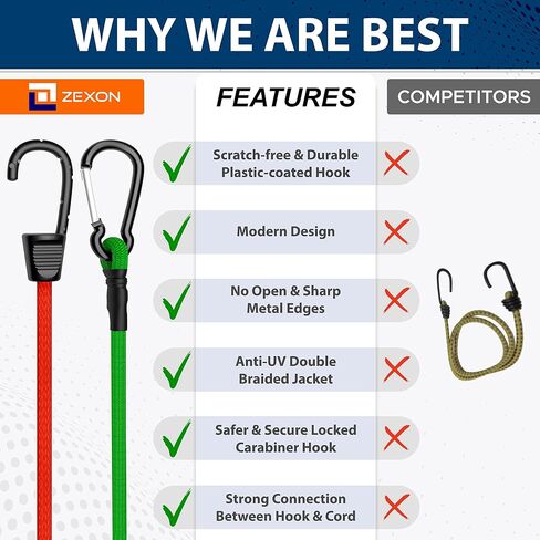 ZEXON Premium Bungee Cords with Carabiner Hooks Heavy Duty (Pack of 24) Include 10", 18", 24", 30", 36", 48", 60" Bungee Cords with Hooks, Storage Bag & Mini Cords in Saudi Arabia