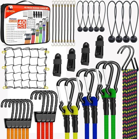 ZEXON Premium Bungee Cords with Carabiner Hooks Heavy Duty (Pack of 24) Include 10", 18", 24", 30", 36", 48", 60" Bungee Cords with Hooks, Storage Bag & Mini Cords in Saudi Arabia