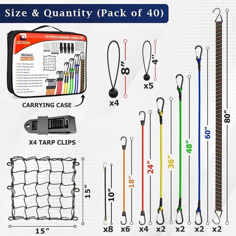ZEXON Premium Bungee Cords with Carabiner Hooks Heavy Duty (Pack of 24) Include 10", 18", 24", 30", 36", 48", 60" Bungee Cords with Hooks, Storage Bag & Mini Cords in Saudi Arabia