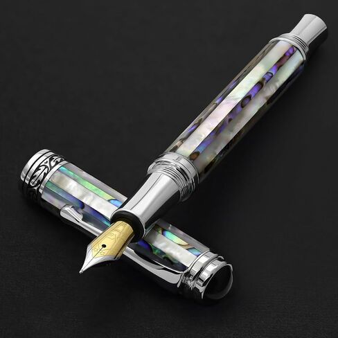 Xezo Maestro Jubilee Fountain Pen, Medium Nib. Oceanic White Mother of Pearl and Paua Abalone. Limited Edition of 223 Pieces. Handmade, Each unique in Saudi Arabia